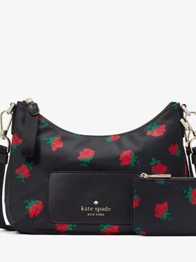 kate spade Black Floral Nylon Shoulder Bag with Coin Pouch